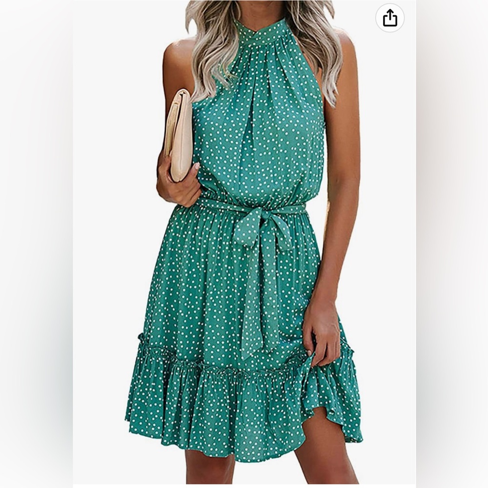 Teal Polka Dot Halter Dress with Matching Belt